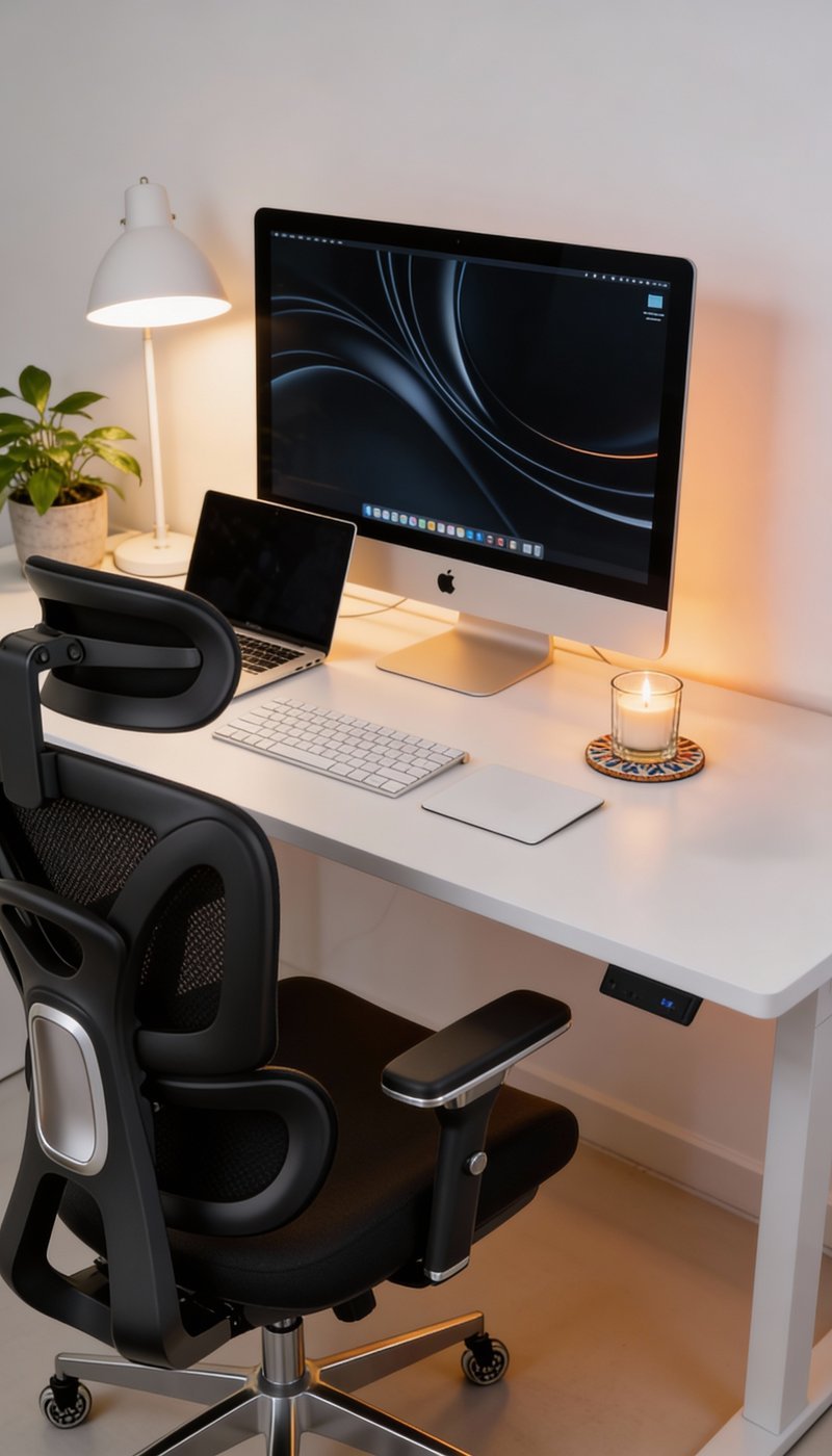 Person am höhenverstellbaren Schreibtisch im Home Office